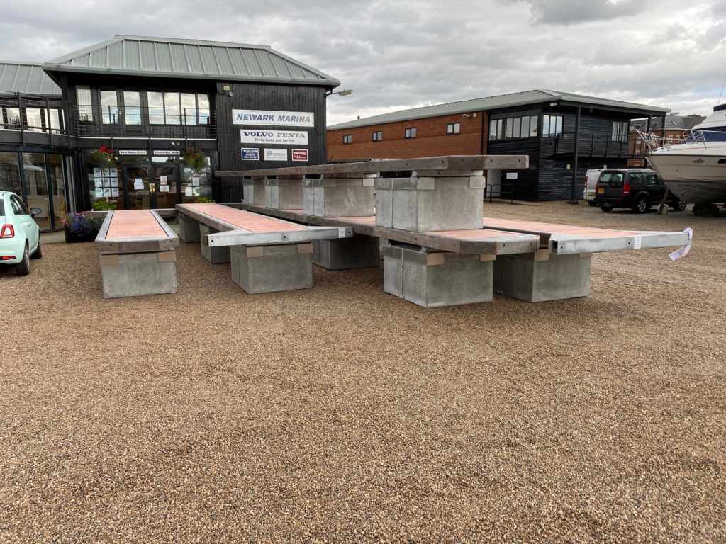 Marina pontoons on the gravel ready for installation