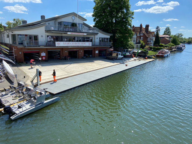 Floating low freeboard rowing pontoon outside Marlow Rowing Club