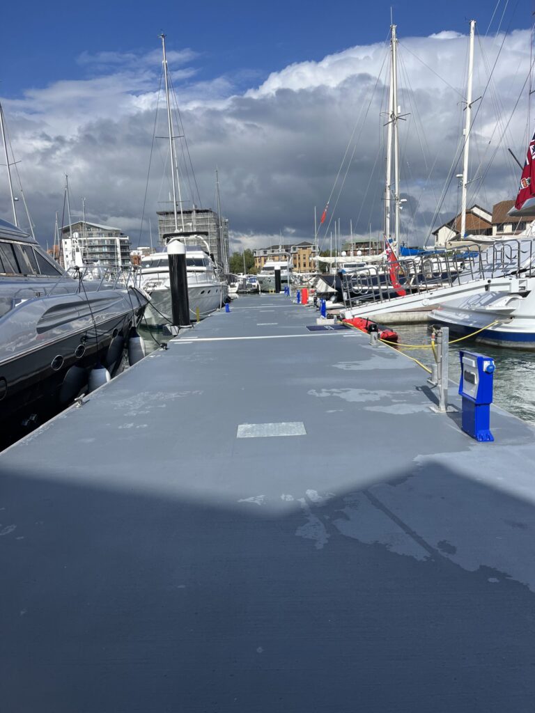 Superyacht berthed at the new pontoon installed by Inland and Coastal at Ocean Village Marina in Southampton