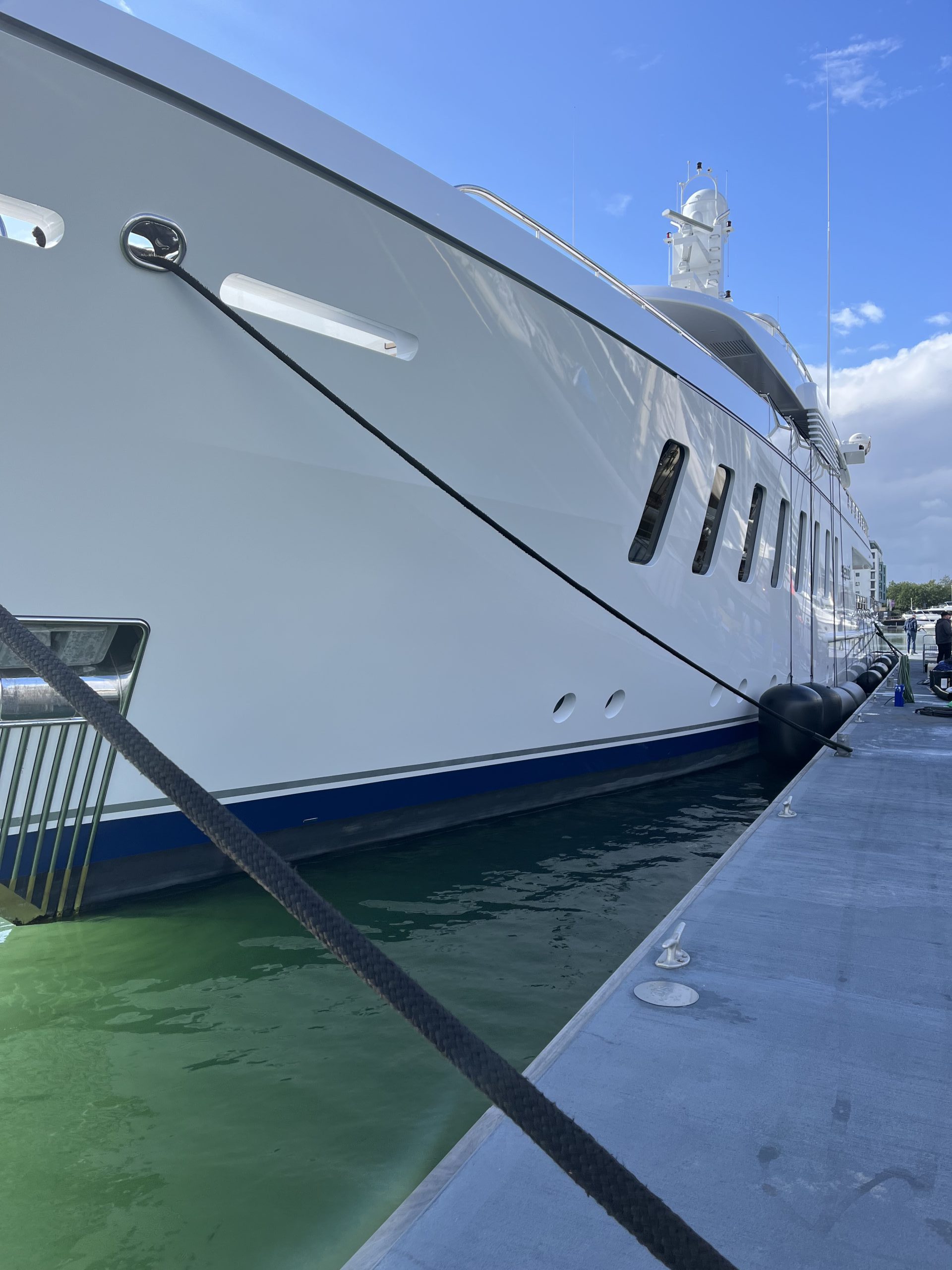 Superyacht berthed at the new pontoon installed by Inland and Coastal at Ocean Village Marina in Southampton