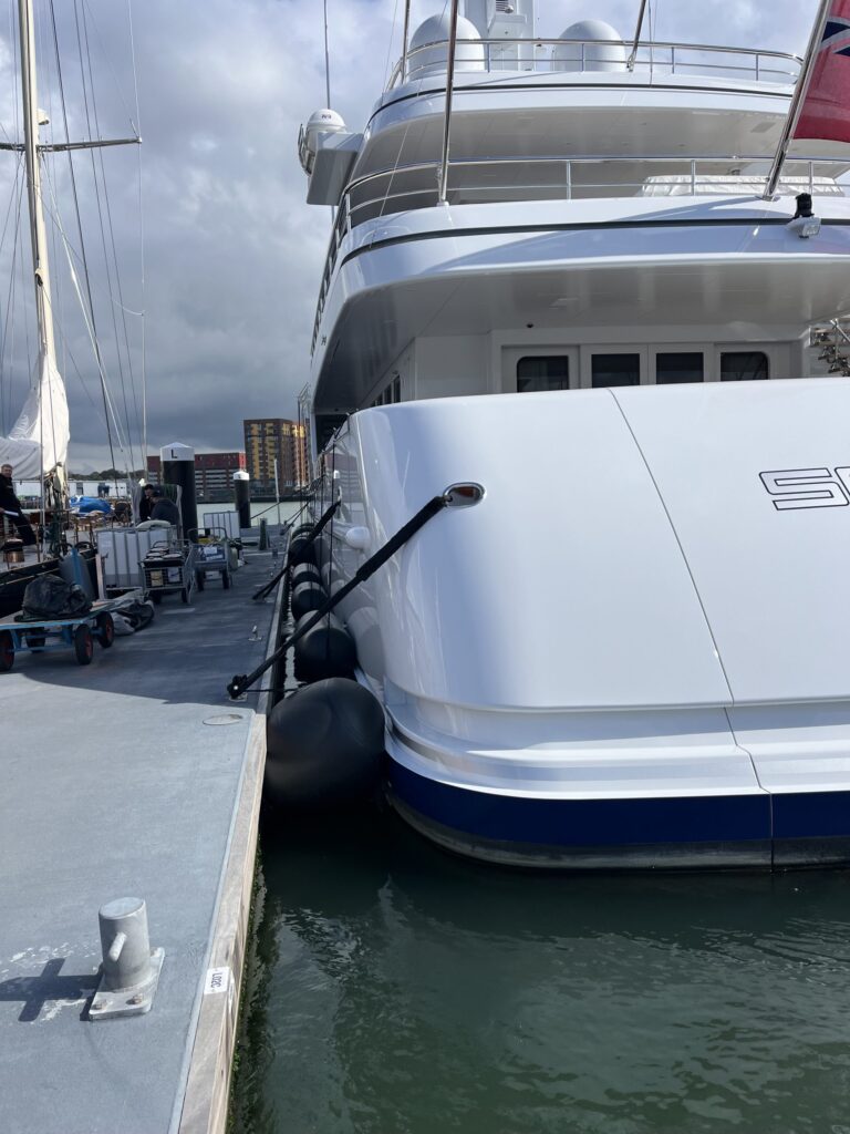 Superyacht berthed at the new pontoon installed by Inland and Coastal at Ocean Village Marina in Southampton